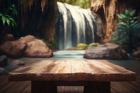 An empty wooden table over a blurry image of the waterfall in the background. Generative AIの素材