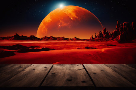 Empty wooden table with red planet landscape background. Generative AIの素材
