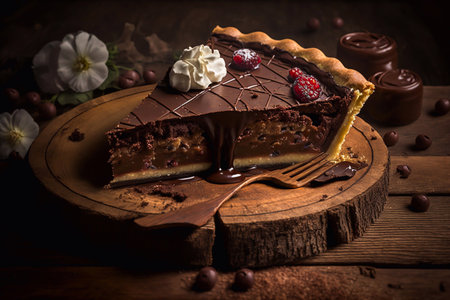 A piece of chocolate cake on the table, close-up. Generative AIの素材