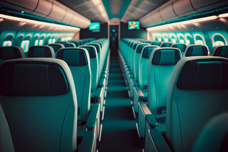 Empty passenger airplane seats in the cabin. Generative AIの素材