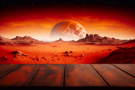 Empty wooden table with red planet landscape background. Generative AIの素材