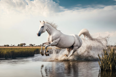 A horse galloping across marshlands. Generative AIの素材