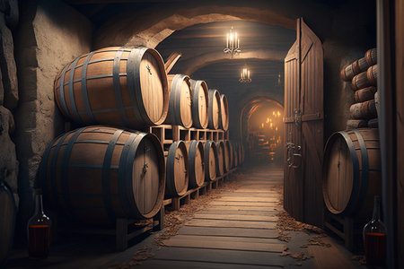 Ancient wine cellar with wooden wine barrels. Generative AIの素材