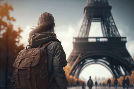 Beautiful woman on Paris background. Generative AIの素材