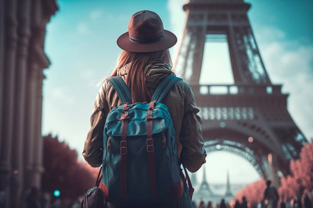 Young beautiful woman walking in Paris. Generative AIの素材