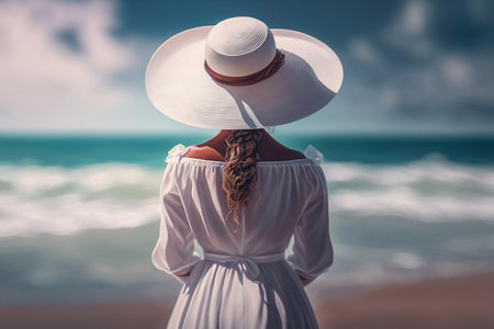 Back view of Elegant woman wearing white dress and hat standing on the beach. Generative AIの素材