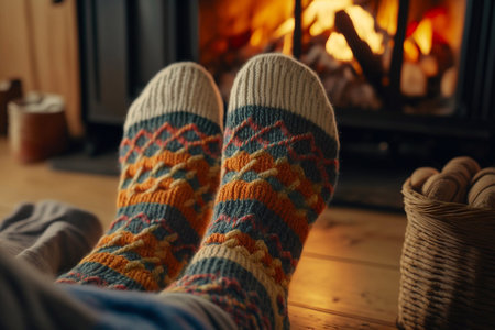 Close up of legs in colored woolen socks are warming near flame, firewood burns in stove, fireplace, cozy winter evening at home concept. Generative AIの素材