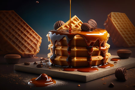Yummy waffle cakes with chocolate bars and caramel sauce. Generative AIの素材