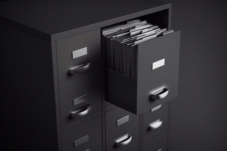Files document of hanging file folders in a drawer in a whole pile of full papers. Generative AIの素材