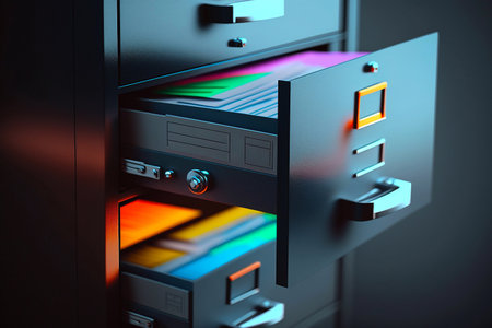 Close up view of filing cabinet with folders isolated. Generative AIの素材