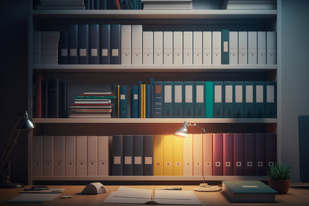 Wall from shelves with file binders, an office room with papers and documents. Generative AIの素材