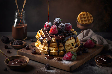 Belgian Waffles sweet desert with raspberries, strawberries and blueberries, sugar powder. Generative AIの素材