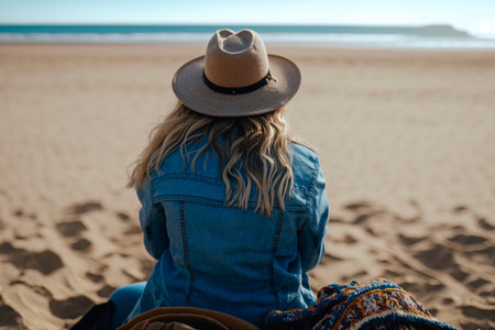 Back view of tourist woman in hat sitting in front of the beach. Generative AIの素材