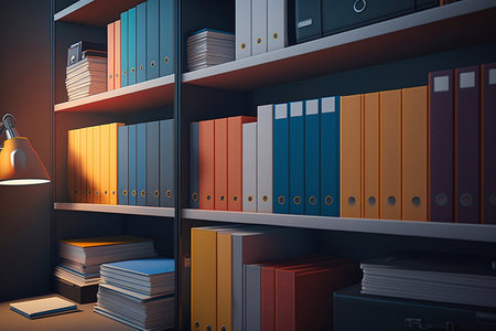 A lot of files folder store in the office shelf: papers, documents and catalogs. Generative AIの素材
