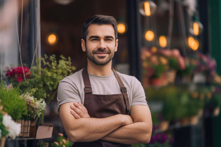 Man standing near flower shop. Generative AIの素材