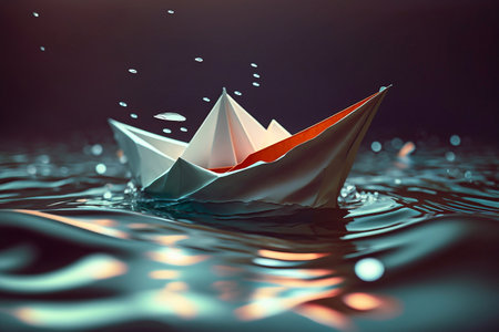 paper boat floating on water. Generative AIの素材