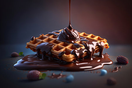 Close-up, appetizing Belgian waffles drizzled with chocolate. Generative AIの素材
