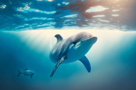 Dolphin swimming in pristine blue ocean water, amazing underwater wildlife. Generative AIの素材