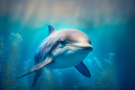Cute dolphins in blue ocean waters. Generative AIの素材