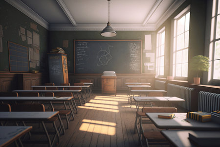 Interior of a school classroom. Generative AIの素材