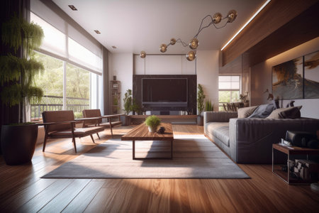 Living room filled with furniture and a flat screen tv. Generative AIの素材