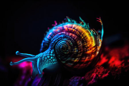 Colorful bioluminescent neon snail. Generative AIの素材