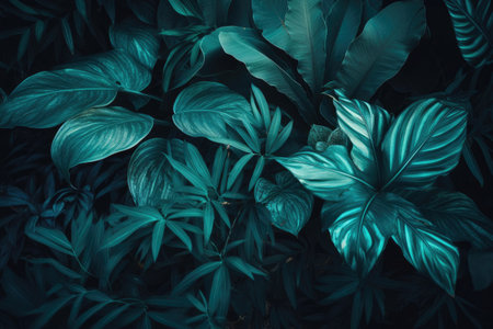 Floral Tropical Leaves Texture in Blue Color. Generative AIの素材