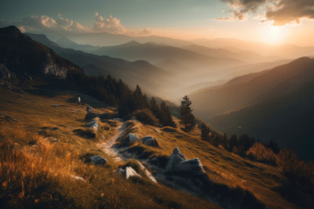 Alpine landscape panorama in the evening. Generative AIの素材