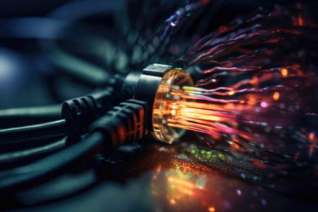 Connection of Optical fiber cable, technology background. Generative AIの素材
