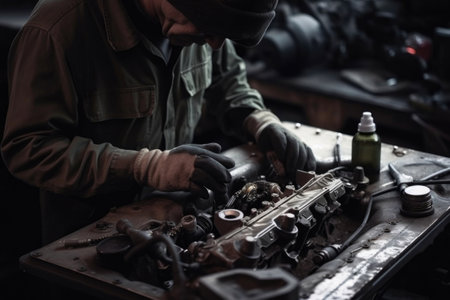 Repair and service customer service Work on the engine in the garage. Generative AIの素材