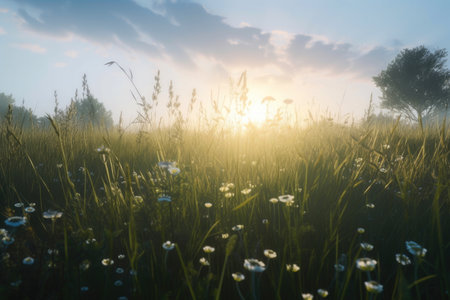 Field with dandelions and blue sky. Generative AI