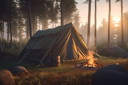 Tent in the forest, tropic, quiet, calm, peaceful, meditation, camping, night, relax. Generative AIの素材