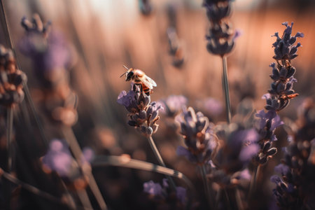 Honey bee on lavender flower. Honey bee is collecting pollen. Generative AIの素材