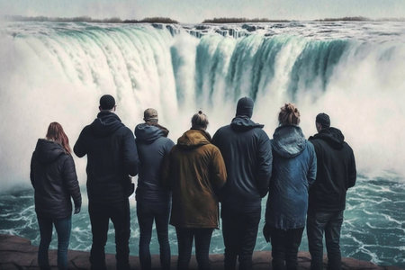 Group of people looking over Waterfall, rear view. Generative AIの素材