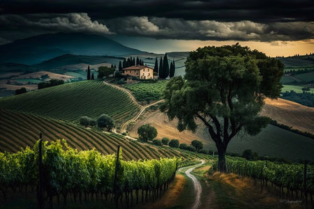 Village, vineyards and landscape. Generative AIの素材