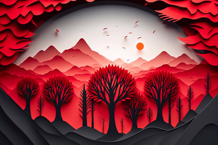 Silhouette tree and sun in red tone. Generative AIの素材