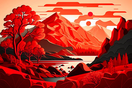 Summer Landscape in red color. pop art style. Generative AIの素材