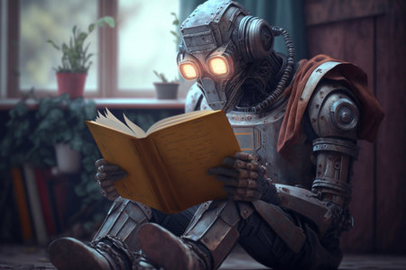 Robot reads a book. Generative AIの素材