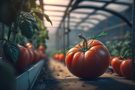 Ripe red tomatoes hang on a branch in a greenhouse. close-up. Generative AIの素材