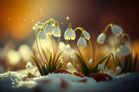 Group of snowdrops are growing out of a patch of snow in the middle of a field of snow covered grass and snow. Generative AIの素材