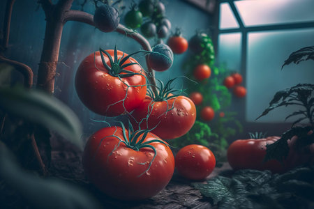 Close-up of wet tomatoes growing on plant. Generative AIの素材