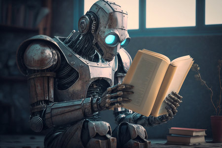 Robot reading a paper book. Generative AIの素材
