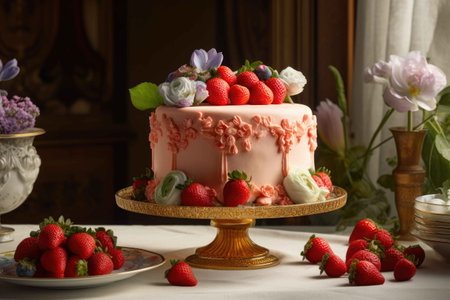 Light cake with fruit on a stand. Generative AIの素材