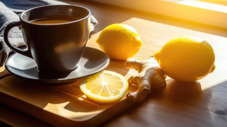 Wooden table topped with tea, lemon, ginger, sunlight. Generative AIの素材