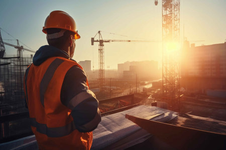 Construction foreman at container stack site, wear vest and orange helmet. Generative AIの素材
