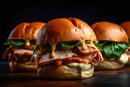 Roasted turkey sandwiches with cranberry sauce and cheese. Generative AIの素材