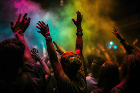 Feeling the music. An excited crowd raising their hands and reaching out to their favorite band. Generative AIの素材