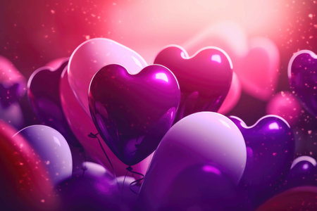 Pink inflatable foil balloons in a heart shape. Holidays concept on a purple background with copy space. Generative AIの素材