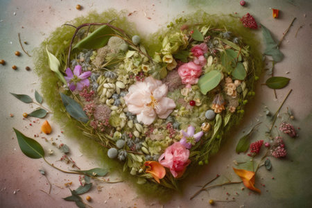 Heart created from flowers and leaves. Generative AIの素材