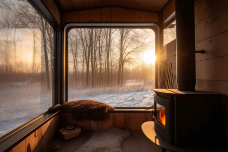 Cozy cabin trailer house in the meadow in winter inside. Generative AIの素材